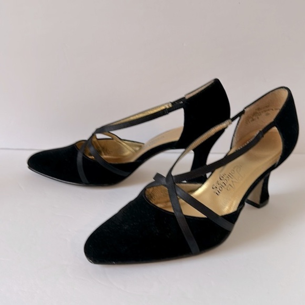 PM Collection by 925 Black Velvet & Satin Strappy Formal Evening Heels 3 inches - Picture 9 of 11
